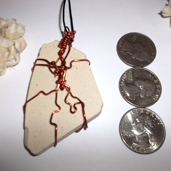 Retro Vintage Pottery Necklace New Wire Wrapping Flower Tan Orange Copper C084 - Picture 4 of 9